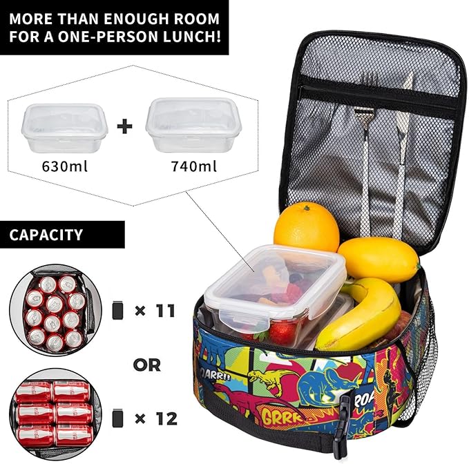 Cartoon Dinosaur Reusable Lunch Box Food Bag Insulated Lunch Bag for Teenage Boys Girls School Beach