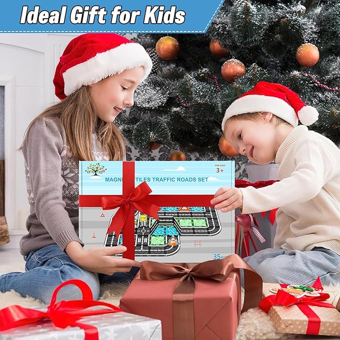 Magnetic Tiles Roads Construction Toys, Traffic Themed Building Blocks Set, Toddler Kids Toys for 3+ Year Old Boys Girls, Montessori STEM Sensory Games, Preschool Learning Educational Birthday Gifts