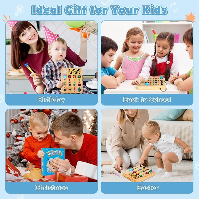 HONGDDY Wooden Sensory Busy Board for Toddler, Airplane-shaped Montessori Music Toy, Light Switch Activity Toy for Boys & Girls