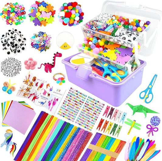 3000Pcs Arts and Crafts Supplies for Kids Craft Kits with Pipe Cleaners Crafting Supply All in 3 Layered Craft Box DIY Crafts for Kids Ages 4-8 8-12 Homeschool Supplies Toys Gifts for Girls & Boys