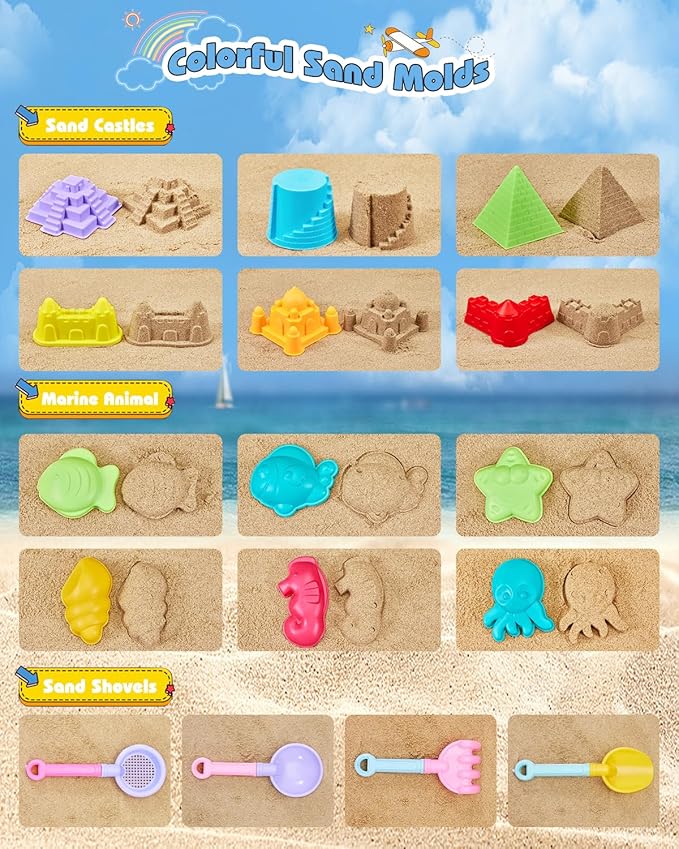 Beach Toys for Toddlers 1-3, Beach Toy Sand Toy for Kids Ages 4-8, 2 Collapsible Sand Bucket and Shovels, Mesh Bag, Sand Castle Animal Molds Sets, Travel Sandbox Toys for Toddlers Kids Age 3-10