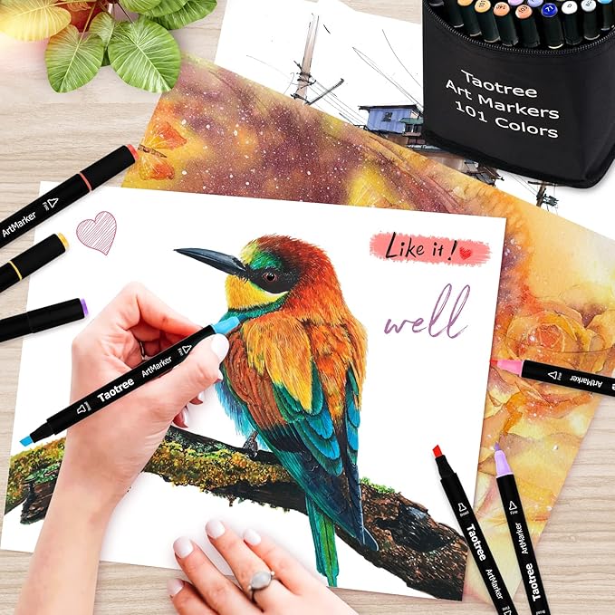 Taotree Alcohol Markers, 101 Colors Dual Tips Art Markers Pens Set, Chisel & Fine Sketch Pens, Art Supplies Kit for Artist Kids Adult Coloring Books Color, Painting, Drawing, Blending and Sketching