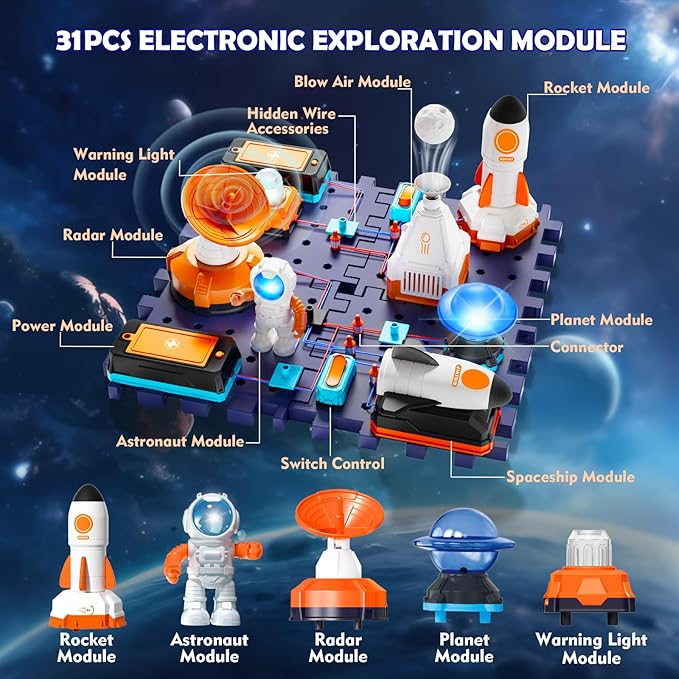 VATOS Space Science Circuit Kits for Kids - 31PCS Electronics Exploration STEM Kit with 100+ Projects, Rocket Launcher & Light Up Astronaut | Educational Learning Toy Gift for Boys Girls Ages 6+