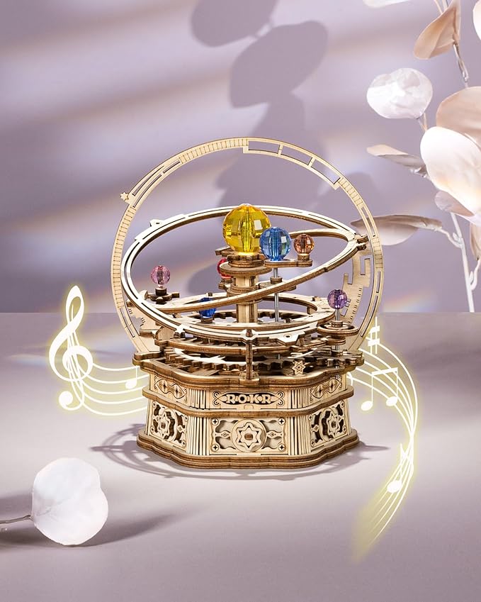 ROKR 3D Puzzles for Adults Orrery Music Box Wooden Model Building Set, DIY Wood Craft Kit Solar System Kit STEM Toys Gifts for Man/Woman