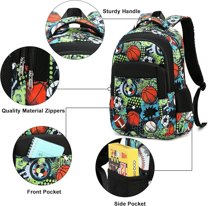 LEDAOU School Backpack Teen Boys Kids Bookbag Daypack School Bag (Green Dots Rugby)