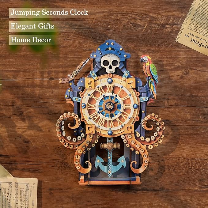 3D Wooden Puzzles for Adults - Octopus Sea Monster Clock, Wooden 3D Mechanical Wood Model Kit, DIY Model Kits for Home Decor, Good Gifts Idea for Family and Friends