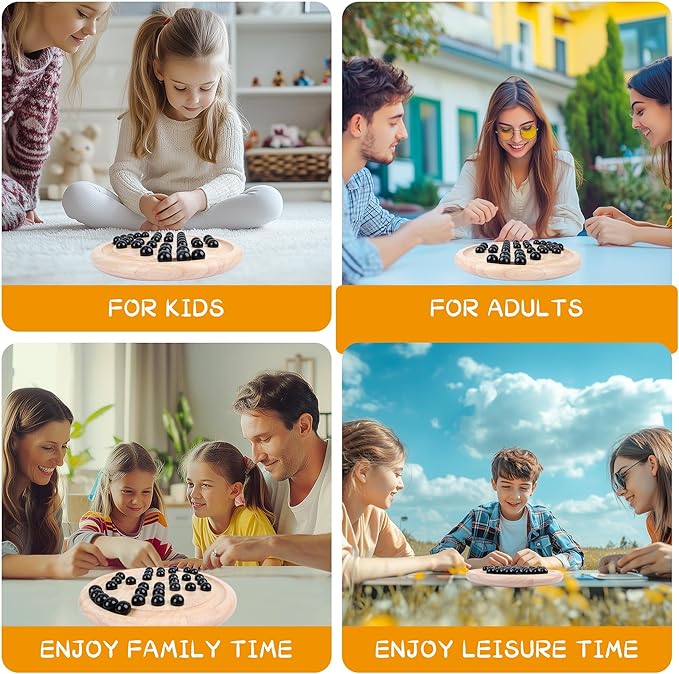 Wooden Solitaire Board Game with 33 Piece Black Glass Marbles Classic One Player Gameplay Strategy Puzzle Board Games Kids & Adults Fun Family Tabletop Toys, Birthday Gift,Table Games