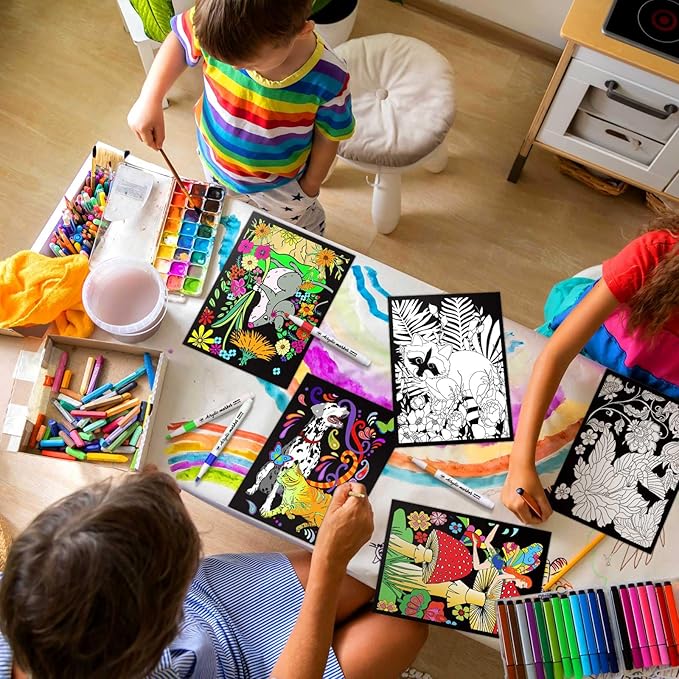 Zhanmai Pack of 48 Animal Velvet Coloring Posters and Watercolor Pens Creature Forest Panda Trigger Lion Velvet Posters for Adults Coloring Poster for Classroom Holiday Arts Crafts