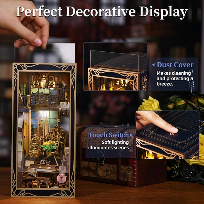 MiniCity DIY Book Nook Kit for Adults, 3D Wooden Puzzle Bookend Bookshelf Insert Decor with LED Light and Dust Cover (Pianist with Nightingale)