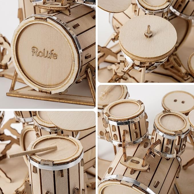 Rolife 3D Wooden Puzzles Model Kit for Adults and Teens to Build Musical Instrument Series (Drum kit)
