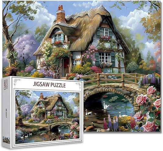 1000 Piece Jigsaw Puzzles for Adults Cabin Scenery Painting Jigsaw Puzzle Flowers 1000 Pieces Puzzles Bridge River Flowers House Wall Decor DIY Craft Puzzle Vintage Thatched Cottage Art