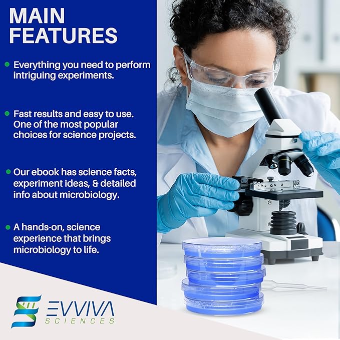 Evviva Sciences Nutrient Agar Petri Dishes Science Project Kit, Pre-Poured Agar Plates for Science Experiments, with Experiment eBook (Blue)