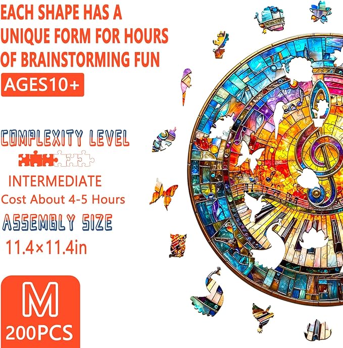 Wooden Puzzles for Adults, Wooden Jigsaw Puzzle for Adults 200 Pieces, Stained Glass Piano Wood Puzzles Adult, Unique Shape, Gifts for Women and Men, Wall Art Canvas Puzzle(M -11.4 * 11.4in)