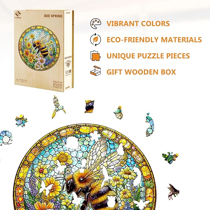 Wooden Puzzles for Adults, Wooden Jigsaw Puzzles for Adults Kids, Bee Spring Unique Shaped Wood Puzzles Adult, Creative Birthday Gifts for Friends Family Game, Home Decor (11.4 * 11.4in 200pcs)
