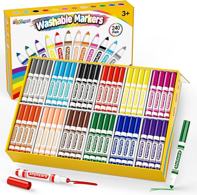 Washable Markers for Kids, 240 Count Markers Bulk with Broad Line Conical Tip, Coloring Marker in 12 Colors for Classroom School Supplies and Art Projects