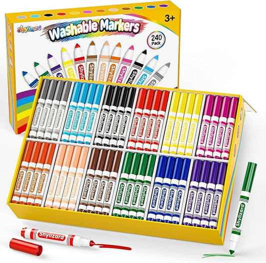 Washable Markers for Kids, 240 Count Markers Bulk with Broad Line Conical Tip, Coloring Marker in 12 Colors for Classroom School Supplies and Art Projects