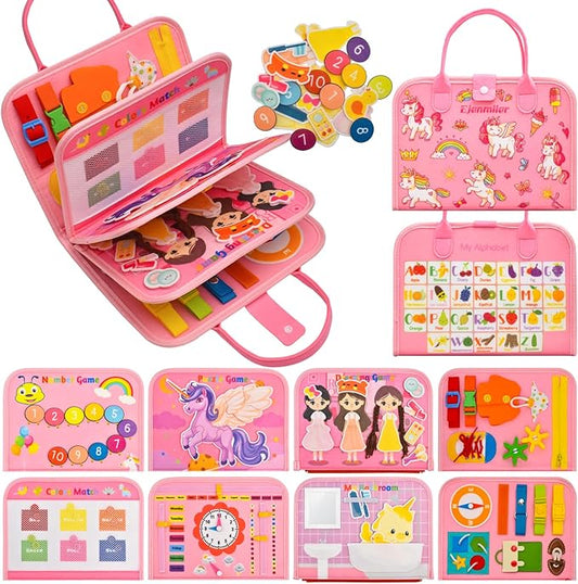 Busy Book for Toddlers 1-3, Montessori Toys Busy Board for 1 2 3 4 Year Old Girl Birthday Gift Educational Learning Quiet Activity Book Airplane Car Travel Toys for Tollders Kids 1-3