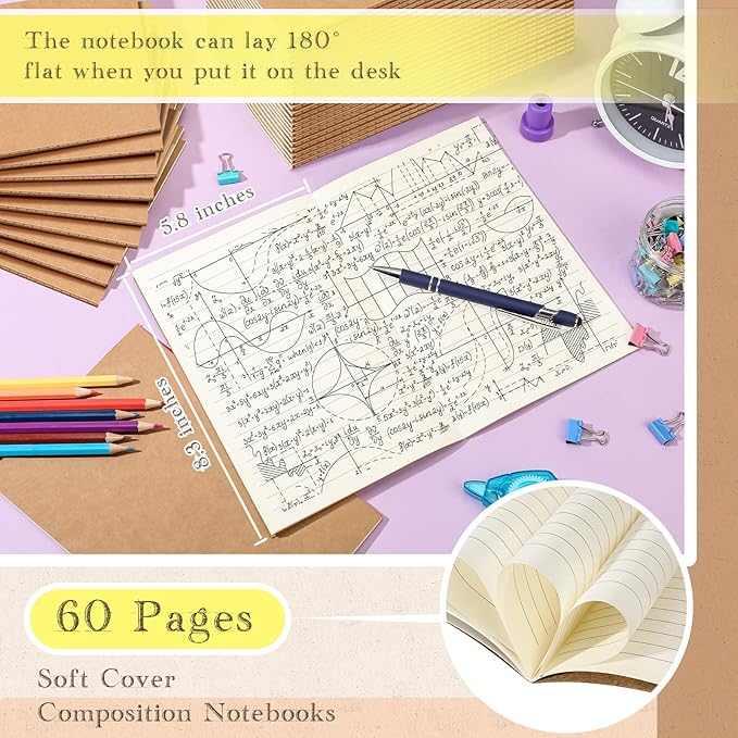 Handepo 100 Pack Composition Notebooks A5/A6 Ruled Lined Composition Kraft Notebooks Bulk Soft Cover Journals Travel Diary Memo for Students Classroom Office Supplies(A5,Kraft Color)