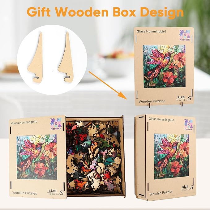 Wooden Puzzles for Adults, Stained Glass Puzzles 200 Pieces, Unique Shaped Hummingbird Jigsaw Puzzles for Adults and Kids, Birthday Gifts Fun Family Game 11.2'' x 11.2''