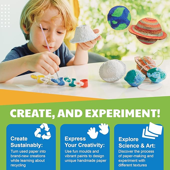 Green Science - Paper Making Kit - Recycle and Create Your Own - Paper Making Screen - Green DIY Craft Stem Toys Kit for Kids - Includes Molds, Paints, and Glow-in-The-Dark Features
