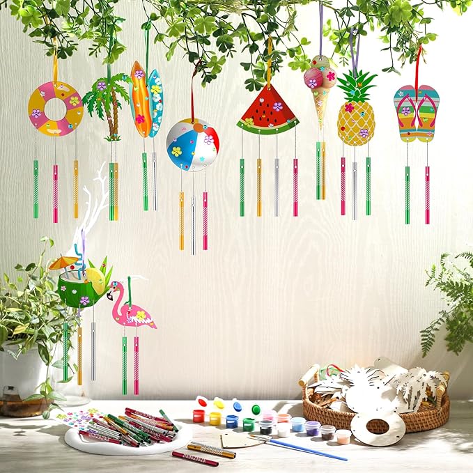 Wind Chime Making Kit for Kids Make Your Own Wind Chime Wooden Ornaments for Girls and Boys DIY Crafts Activity Birthday Summer Decoration(Beach)