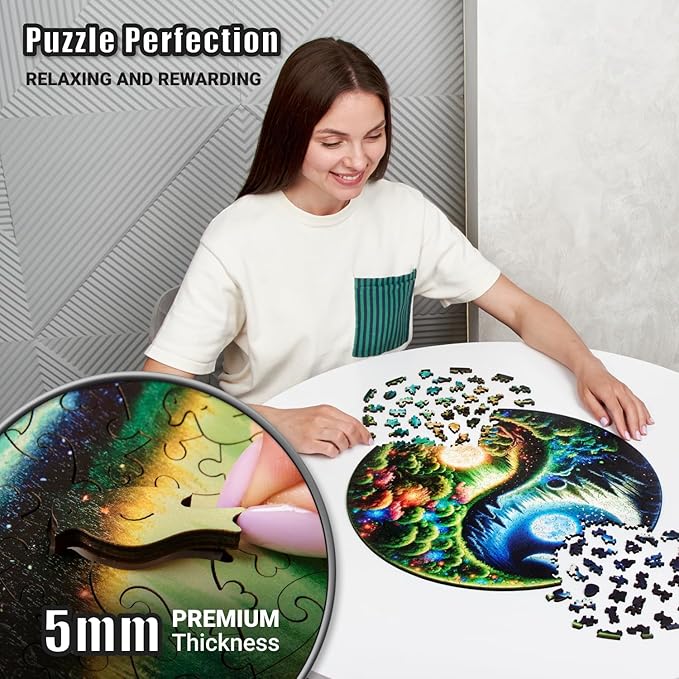 LEOGOR Wooden Puzzles for Adults 500 Pieces (18 x 17.8 in), Extra-Thick 5mm Round XL Wood Jigsaw, Yin Yang Puzzle, Unique Whimsical Pieces, Challenging, Fun & Beautiful Gift for Puzzle Lovers