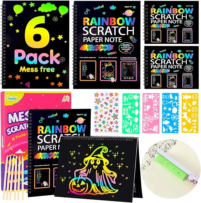6 Packs Rainbow Scratch Notebook, Scratch Art for Kids with Reusable Cleaner Tool, Mess-Free Crafts for Kids Ages 4-8, Travel, Party, Art Supplies, DIY Gifts for 4 5 6 7 8 9 Year Old Girl Boy