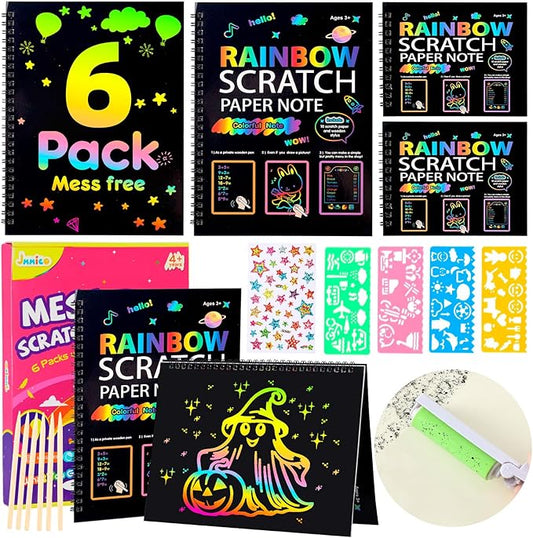 6 Packs Rainbow Scratch Notebook, Scratch Art for Kids with Reusable Cleaner Tool, Mess-Free Crafts for Kids Ages 4-8, Travel, Party, Art Supplies, DIY Gifts for 4 5 6 7 8 9 Year Old Girl Boy