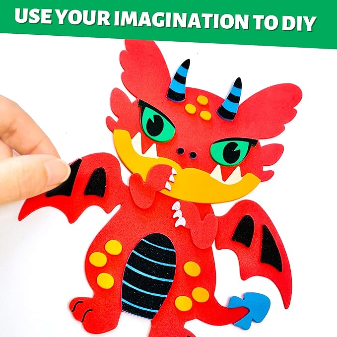 VKPI 4 Pieces EVA Foam Art Crafts Gift Kit, Creative Make Your Own Dragon, Cartoon Foam Paper Craft Projects for Kids Ages 4+ Toddler, Preschool Learning Toy for Birthday Party Favor Supplies