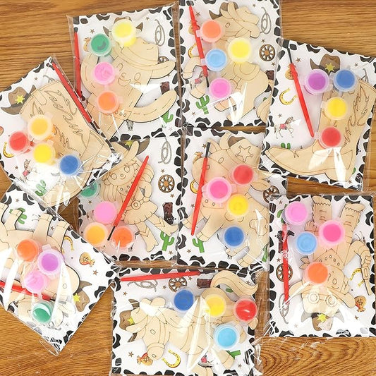 LARDUX Western Cowboy & Cowgirl Party Favors, 24PCS DIY Painting Crafts - 6 Styles Unfinished Woodchips Cutouts Craft Kits with Glow in The Dark Paint DIY Party Favors Birthday Party Decorations