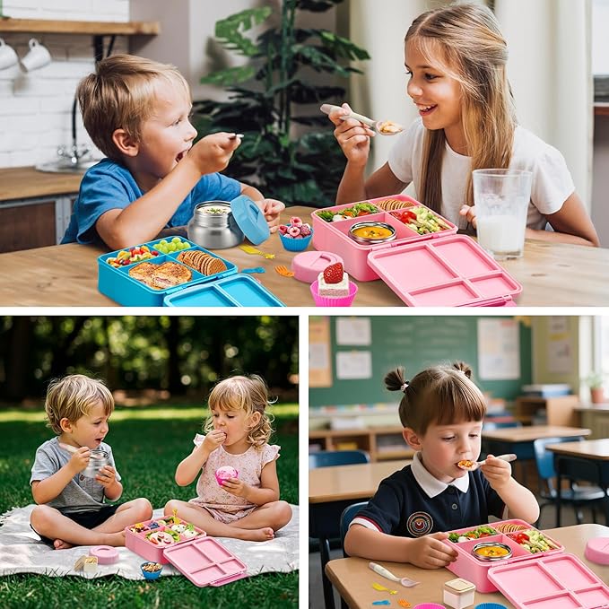 Bento Lunch Box with 9.5 oz Soup Thermo, Kids Leakproof 4 Compartments Bento Box with Silicone Cupcake,Fruit Fork,Spoon and Sauce Cup,Insulated Food Jar for School Travel-Pink