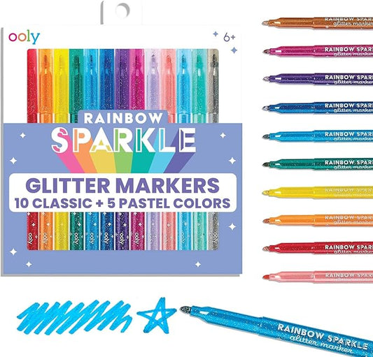 Ooly Rainbow Sparkle Glitter Markers Set of 15, Includes 5 Pastel & 10 Classic Color Markers, Glittery & Sparkling Marker for Kids, 2mm Nib for Medium Sized Lines - GLITTER VARIETY PACK