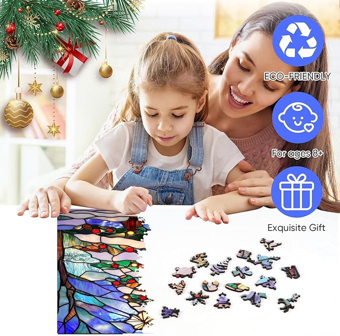 Wooden Puzzles for Adults, Christmas Tree Puzzles 498 Pieces, Unique Shaped Stained Glass Jigsaw Puzzles for Adults and Kids, Birthday Gifts Fun Challenge Family Game 17.3'' x 12.2''