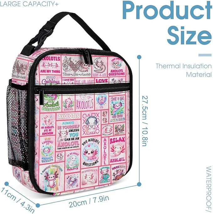 Axolotl Lunch Box - Cute Reusable Axolotl Lunch Bag for Women Men Kids - Small Portable Foldable Insulated Lunchbox for School Work Picnic