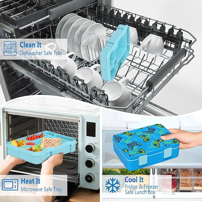 Chill Lunch Box Kids, Leak Proof Adult Bento Box with Ice Pack, 6 Compartment Lunch Container with Utensils for Girl Boy Back to School, 5.5-Cup Capacity, Dishwasher Safe, BPA Free