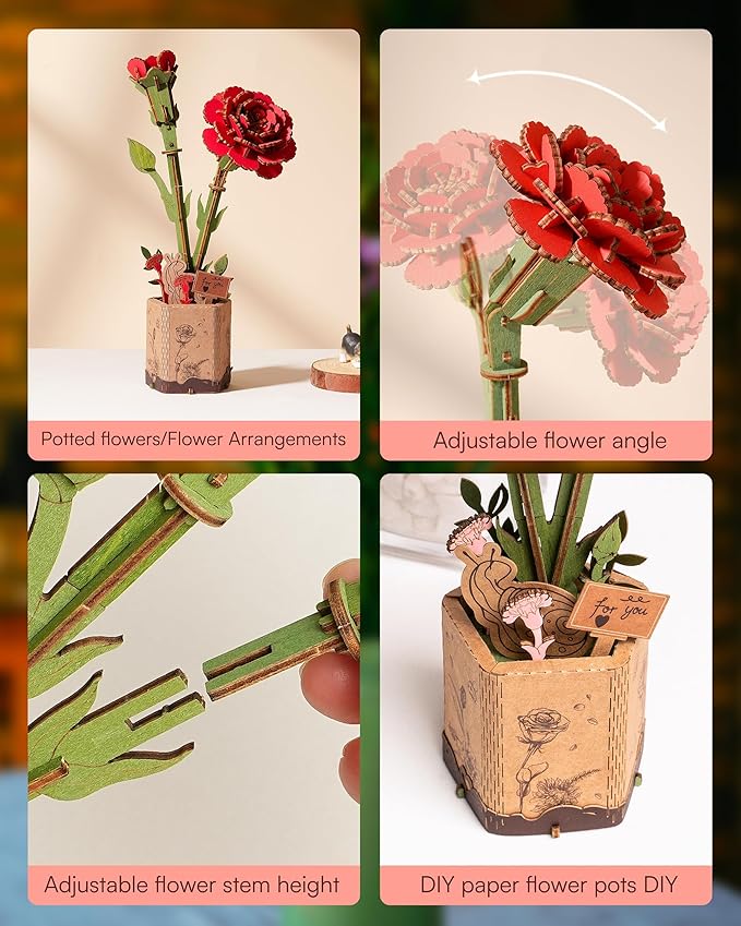 3D Flower Wooden Puzzles for Adults-Red Carnation, DIY Wooden Flowers Model Kit Building Set Crafts for Adults to Build, Botanical Collection/Ideal Creative Gift Ideas/Housewarming (124PCS)