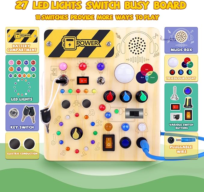 Busy Board,Montessori Toys for 1-3 Years Old, Wooden Toddler Toy, Autism Sensory Travel Toys, Ideal Gift for 1+ Year Old Boys (Busy Board v5)