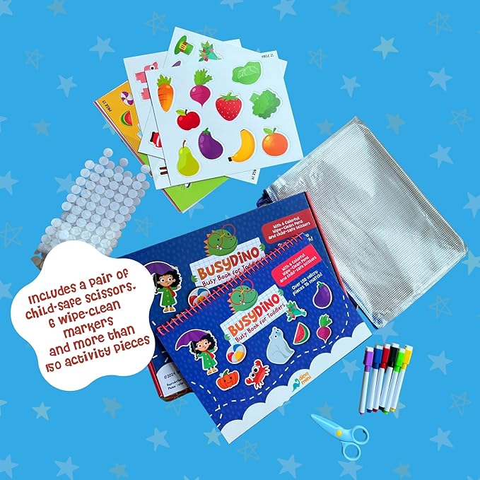 BusyDino - Busy Book for Toddlers 3-5 - Toddler Activity Book with Cutting Activities - Montessori Toys for 3 Year Old - Includes Child-Safe Scissors and Wipe-Clean Markers