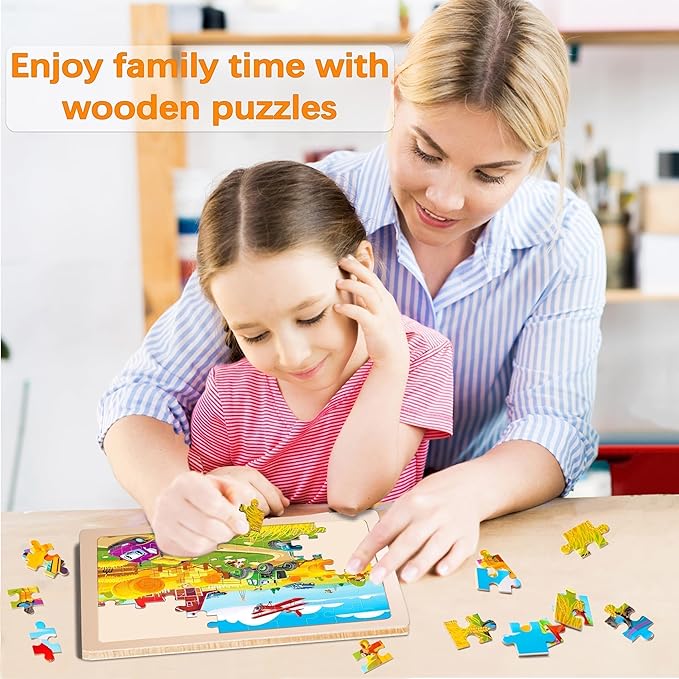 Wooden Vehicle Puzzles for Kids Ages 4-6,6 Pack 60Pcs Jigsaw Wooden Car Puzzles for Toddlers 3-5,Preschool Educational Toys Gifts for Children Ages 4-8,Kids Learning Toys for 4+ Year Boys Girls