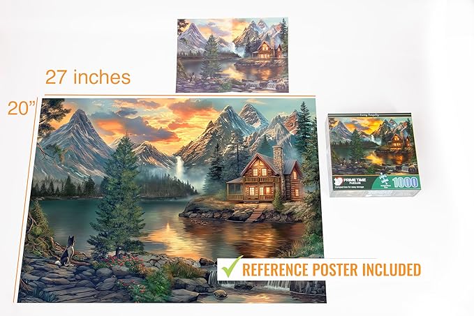 1000 Piece Jigsaw Puzzle for Adults - Mountain Cabin by a Lake - Challenging Puzzle Perfect for Game Nights - 1000 Piece for Adults. 20x27 inches