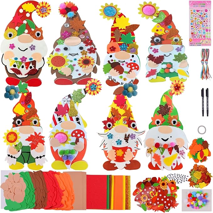 24 Sets Halloween Fall Gnome Crafts Kits for Kids,DIY Fall Gnomes Ornaments Decorations Art with Leaf Pumpkin Sunflower Foam Stickers Arts for Kids Autumn Thanksgiving Activity Art Project