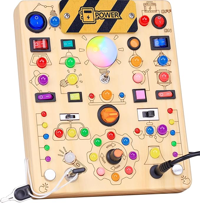 RichBoy Busy Board for 1-3 Year Old, 59 in 1 LED Light Up Wooden Sensory Montessori Switch Board Toy for Toddlers Travel Gift (7.8" x 6.5")