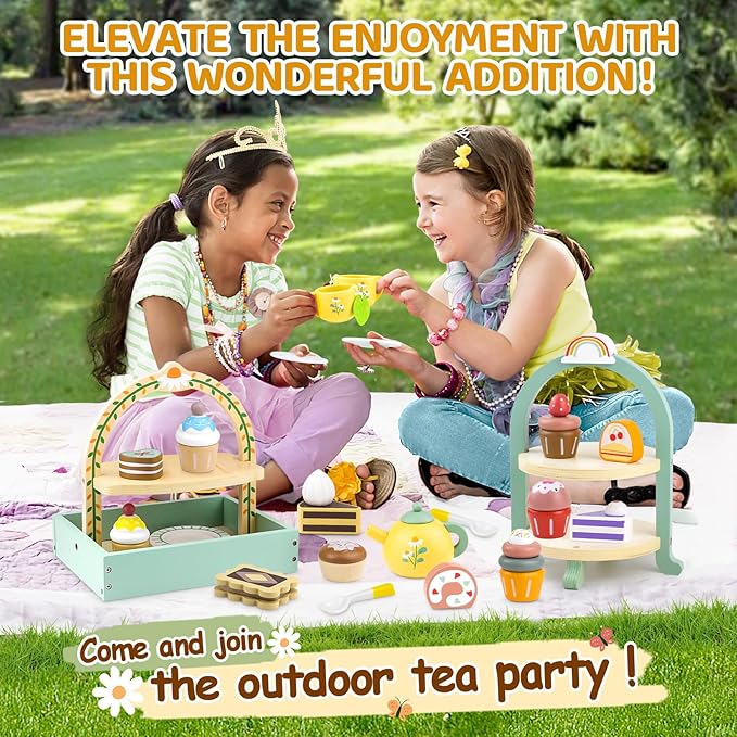 Wooden Tea Sets for Little Girls 1-3 Play Food Cake Toys Toddlers 3-5 Kitchen Accessories Pretend Play Princess Playset for 2 3 4 5 6 Year Old Girl Boy Party Birthday Gift