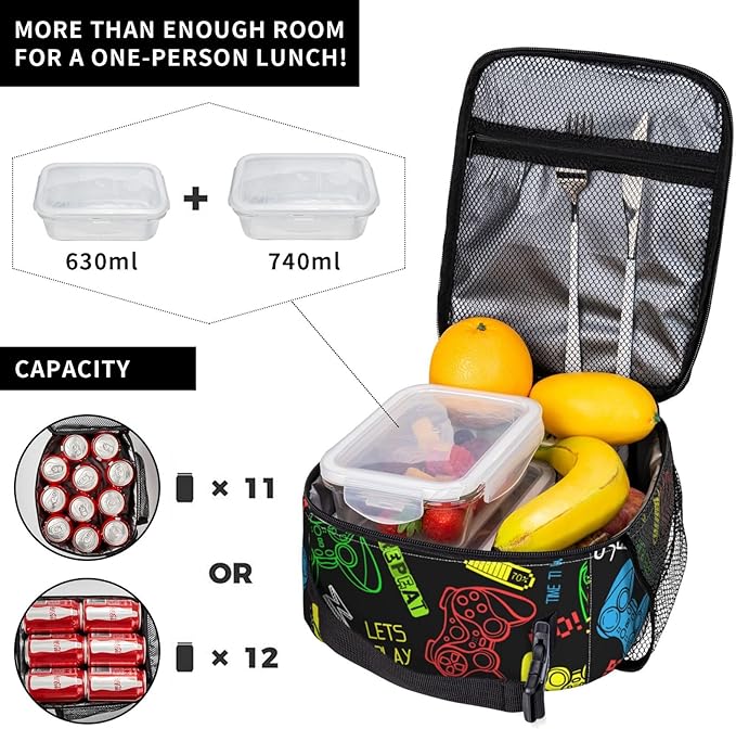 Colorful Video Game Controller Reusable Lunch Box Food Bag Insulated Lunch Bag for Teenage Boys Girls School Beach