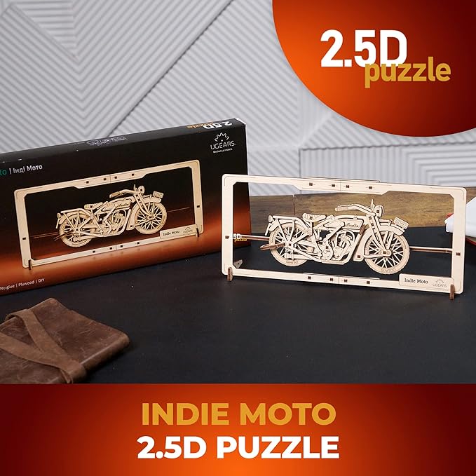 UGEARS Indie Moto 2.5D Wood Puzzle, Vintage Motorcycle Model Kit with Moving Parts for Adults, DIY Home & Office Decor - 42 Pieces