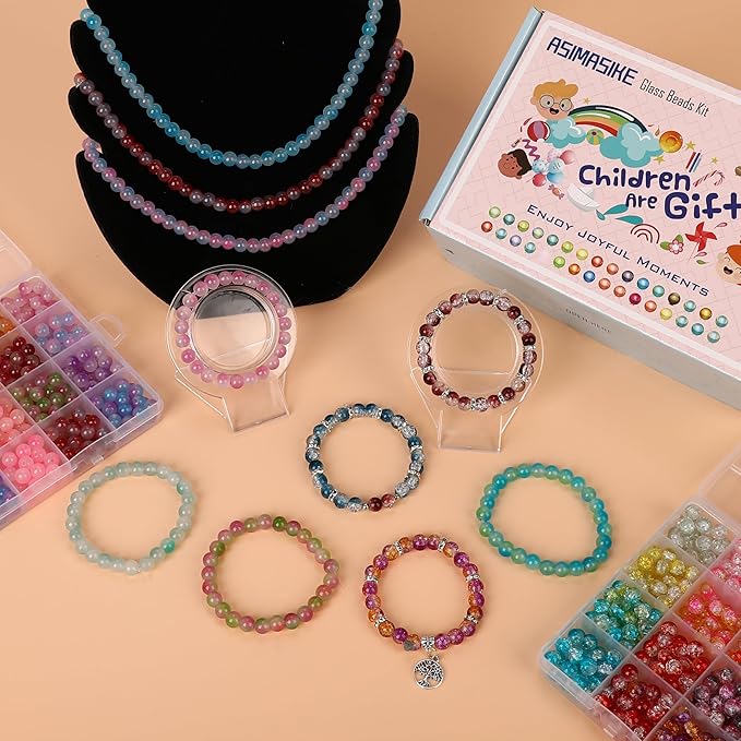 1300 Pcs Glass Beads for Jewelry Making โ 8mm Beads in 48 Colors, 2 Box Set of Bulk Glass Beads for Bracelets, Crafts & DIY Gifts