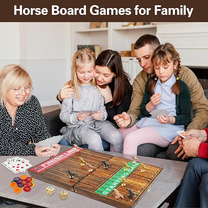 FUNNYB&G 21 inches Horse Race Board Game Foldable Large Horse Racing Game for Adults with 11 Metal Horses, Solid Wood 60 Pcs Poker Chips 2 Dice 1 Pack of Cards for Family Tabletop Parties(Brown)