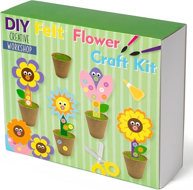 WATINC Mother's Day Spring Felt Flower Craft Kits - Make Your Standing Flowers Gift Crafts with Buttons Flower Pot Decor, DIY Flowers Decorations Home School Fun Activities for Mom Kids (24Pcs)