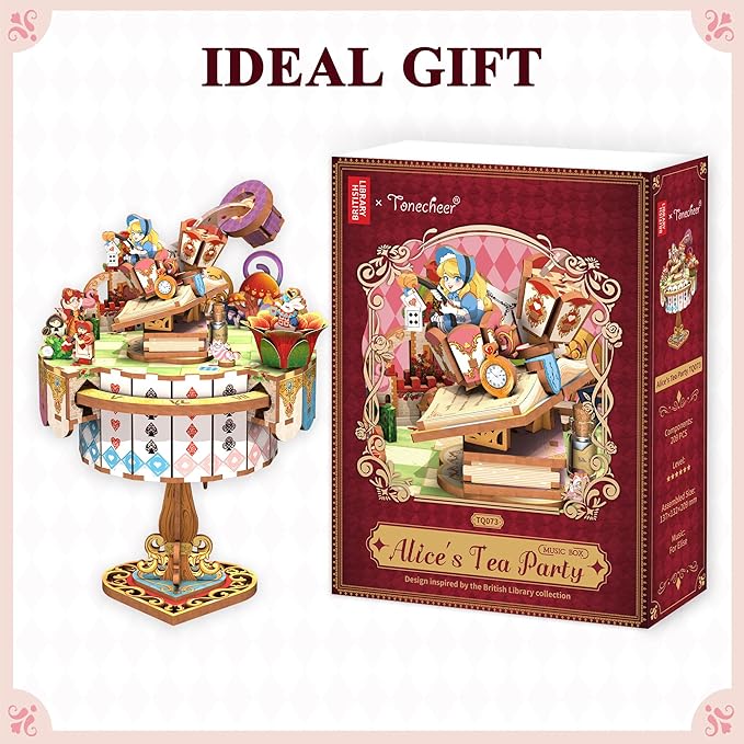 Tonecheer x British Library Wooden Music Box Puzzle for Adults, DIY Rotating Music Box Kit 3D Creative Musical Puzzle Crafts Model Building Kits Desk Decor for Birthday Gift (Alice's Tea Party)