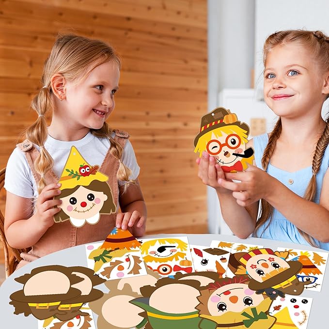 ANGOLIO Fall Thanksgiving Crafts for Kids - 123Pcs Fall Scarecrow DIY Sticker Kit Paper Art Autumn Classroom Decor, Preschool Kindergarten Art Activities, Seasonal Home Hanging Ornaments Party Favors
